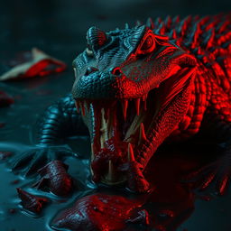 A terrifying and menacing crocodile with a vicious expression, its sharp teeth bared and blood dripping from its jaws