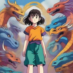 A high-quality digital art image featuring a 12-year-old girl standing confidently with ten majestic dragons surrounding her