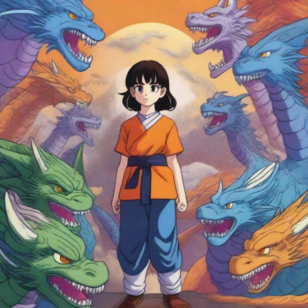 A high-quality digital art image featuring a 12-year-old girl standing confidently with ten majestic dragons surrounding her