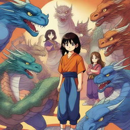 A high-quality digital art image featuring a 12-year-old girl standing confidently with ten majestic dragons surrounding her