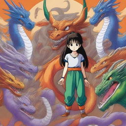 A high-quality digital art image featuring a 12-year-old girl standing confidently with ten majestic dragons surrounding her