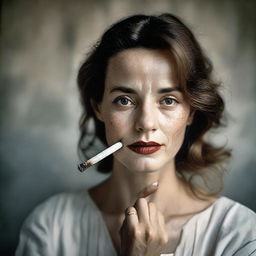 Transform the portrait, replacing the man with a compelling image of a young woman. Her hand delicately holding a cigarette, the depth of her eyes keeping the same distinguished, intense, award-winning emotion.