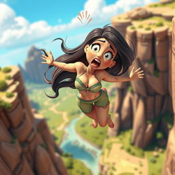 A sexy 3D toon woman with a curvy figure, featuring large expressive eyes and vibrant clothing, is dramatically falling off a cliff