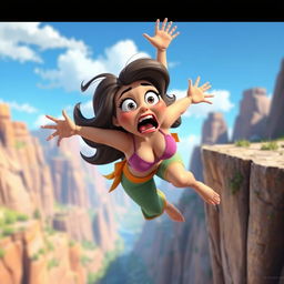 A sexy 3D toon woman with a curvy figure, featuring large expressive eyes and vibrant clothing, is dramatically falling off a cliff