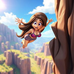 A sexy 3D toon woman with a curvy figure, featuring large expressive eyes and vibrant clothing, is dramatically falling off a cliff