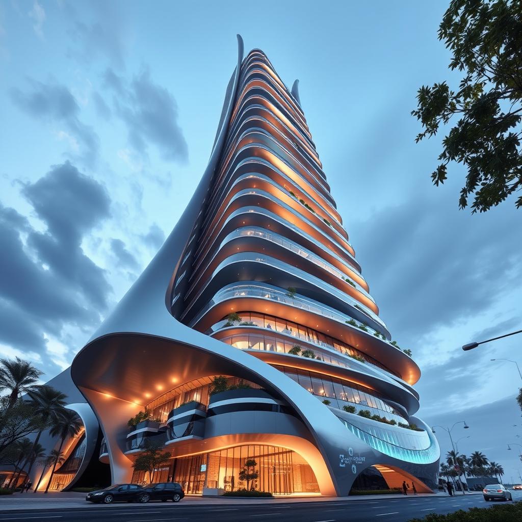 A futuristic 15-story tower with dynamic, soaring architecture reaching towards the sky