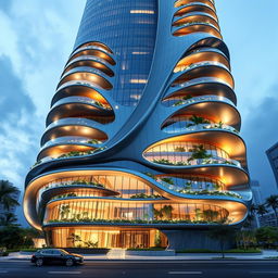 A futuristic 15-story tower with dynamic, soaring architecture reaching towards the sky