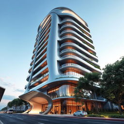 A futuristic 15-story tower with dynamic, soaring architecture reaching towards the sky