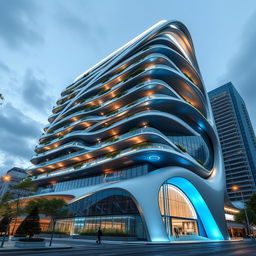 A futuristic 15-story tower with dynamic, soaring architecture reaching towards the sky