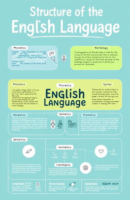 An informative and visually engaging illustration depicting the structure of the English language, including elements such as phonetics, morphology, syntax, semantics, and pragmatics
