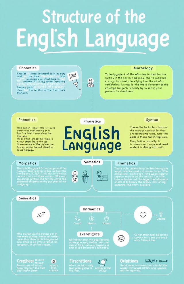 An informative and visually engaging illustration depicting the structure of the English language, including elements such as phonetics, morphology, syntax, semantics, and pragmatics