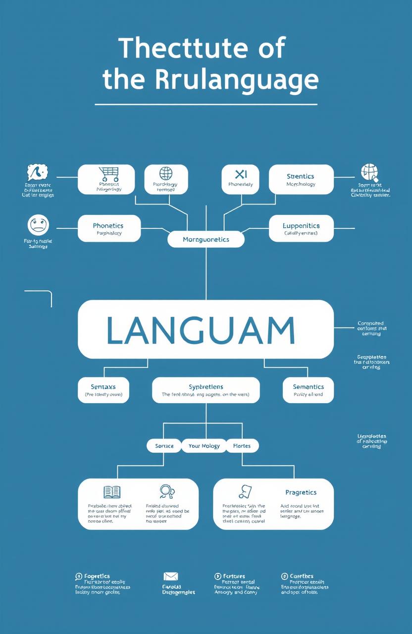 An informative and visually engaging illustration depicting the structure of the English language, including elements such as phonetics, morphology, syntax, semantics, and pragmatics