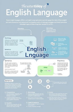 An informative and visually engaging illustration depicting the structure of the English language, including elements such as phonetics, morphology, syntax, semantics, and pragmatics