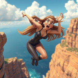 A sexy 3D toon woman falling off a cliff with a scared expression, her long hair flowing wildly in the wind