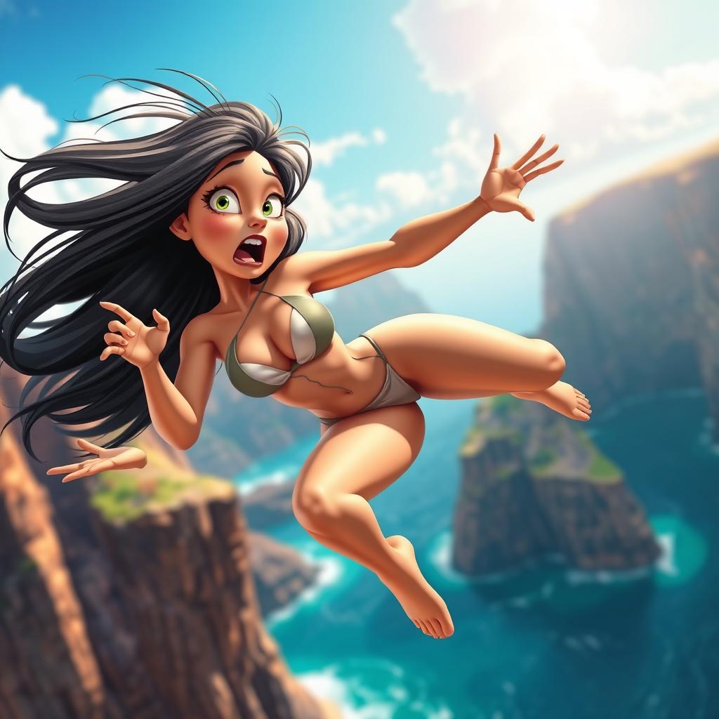 A sexy 3D toon woman falling off a cliff with a scared expression, her long hair flowing wildly in the wind