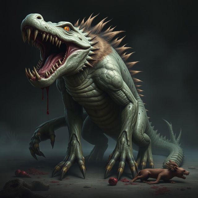 A terrifying hybrid creature that combines features of a crocodile, hyena, and lion, showcasing a menacing stance