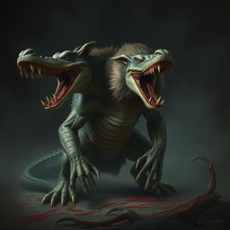 A terrifying hybrid creature that combines features of a crocodile, hyena, and lion, showcasing a menacing stance