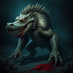 A terrifying hybrid creature that combines features of a crocodile, hyena, and lion, showcasing a menacing stance