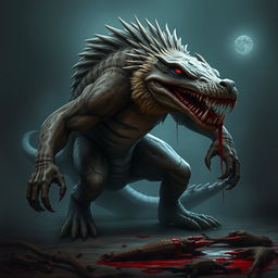 A terrifying hybrid creature that combines features of a crocodile, hyena, and lion, showcasing a menacing stance
