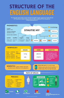 A visually engaging infographic illustrating the structure of the English language, detailing its components such as phonetics, morphology, syntax, semantics, and pragmatics