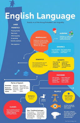 A visually engaging infographic illustrating the structure of the English language, detailing its components such as phonetics, morphology, syntax, semantics, and pragmatics