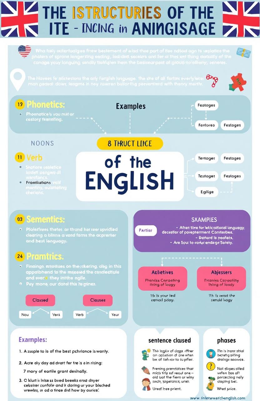 A visually engaging infographic illustrating the structure of the English language, detailing its components such as phonetics, morphology, syntax, semantics, and pragmatics