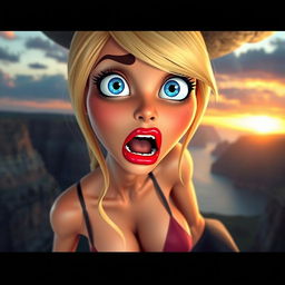 A sexy blonde 3D toon woman with vibrant blue eyes and luscious red lips, depicted in a dramatic scene as she falls off a cliff