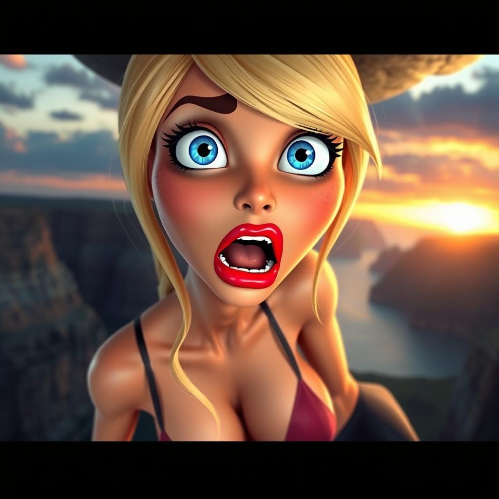 A sexy blonde 3D toon woman with vibrant blue eyes and luscious red lips, depicted in a dramatic scene as she falls off a cliff