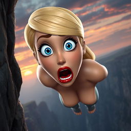 A sexy blonde 3D toon woman with vibrant blue eyes and luscious red lips, depicted in a dramatic scene as she falls off a cliff