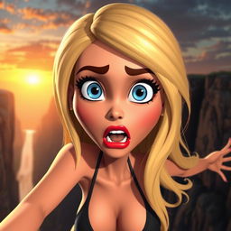 A sexy blonde 3D toon woman with vibrant blue eyes and luscious red lips, depicted in a dramatic scene as she falls off a cliff