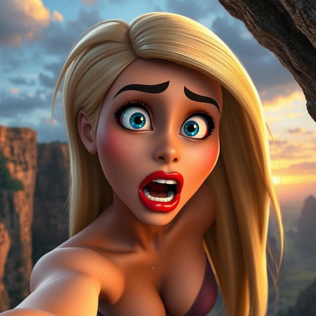 A sexy blonde 3D toon woman with vibrant blue eyes and luscious red lips, depicted in a dramatic scene as she falls off a cliff