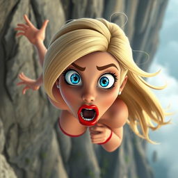 A sexy blonde 3D cartoon woman with striking blue eyes and vibrant red lips, depicted in mid-fall off a cliff, her expression conveying fear and surprise