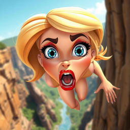 A sexy blonde 3D cartoon woman with striking blue eyes and vibrant red lips, depicted in mid-fall off a cliff, her expression conveying fear and surprise
