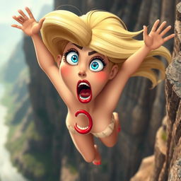 A sexy blonde 3D cartoon woman with striking blue eyes and vibrant red lips, depicted in mid-fall off a cliff, her expression conveying fear and surprise
