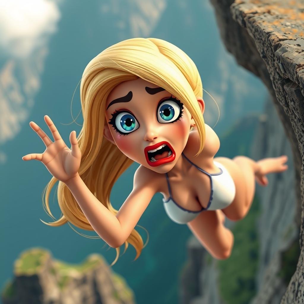 A sexy blonde 3D cartoon woman with striking blue eyes and vibrant red lips, depicted in mid-fall off a cliff, her expression conveying fear and surprise