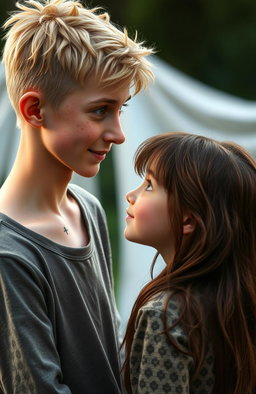 A tall blonde boy with freckles and bright green eyes stands gazing lovingly at a shorter girl with brown hair and warm brown eyes