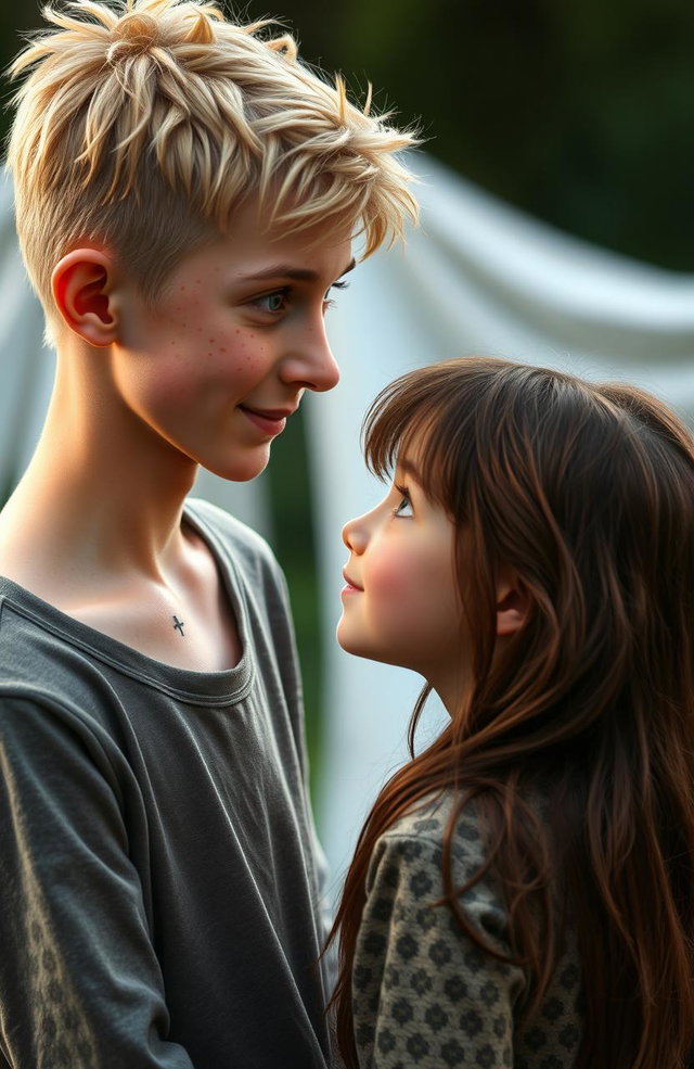 A tall blonde boy with freckles and bright green eyes stands gazing lovingly at a shorter girl with brown hair and warm brown eyes