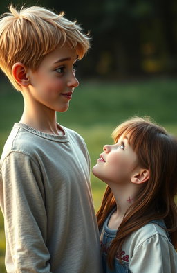 A tall blonde boy with freckles and bright green eyes stands gazing lovingly at a shorter girl with brown hair and warm brown eyes