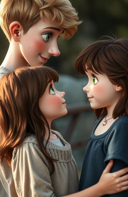 A tall blonde boy with freckles and bright green eyes stands gazing lovingly at a shorter girl with brown hair and warm brown eyes