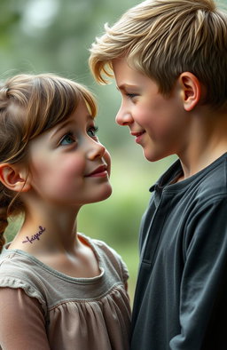 A tall blonde boy with freckles and bright green eyes stands gazing lovingly at a shorter girl with brown hair and warm brown eyes