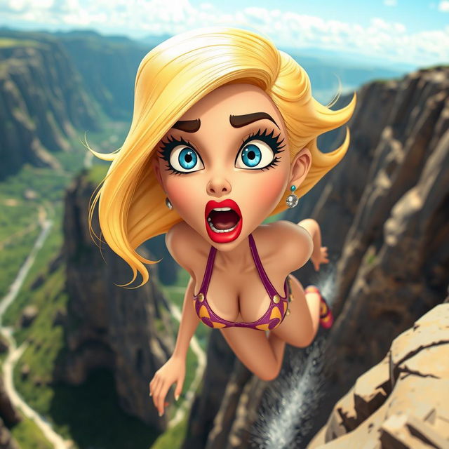 A sexy blonde 3D toon woman with striking blue eyes and vibrant red lips, depicted with a scared expression as she falls off a cliff