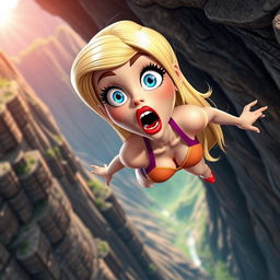 A sexy blonde 3D toon woman with striking blue eyes and vibrant red lips, depicted with a scared expression as she falls off a cliff