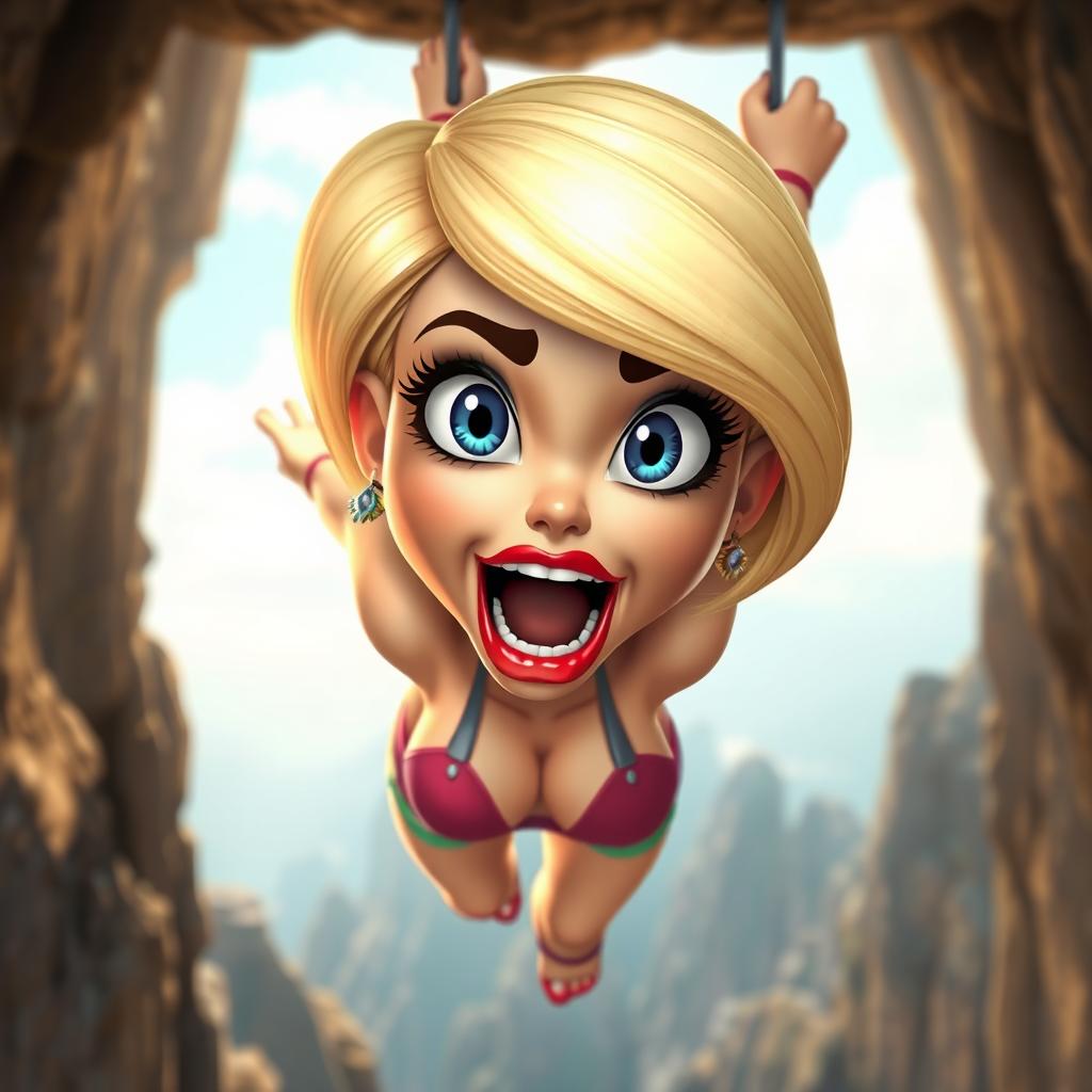 A sexy blonde 3D toon woman with striking blue eyes and vibrant red lips, depicted with a scared expression as she falls off a cliff