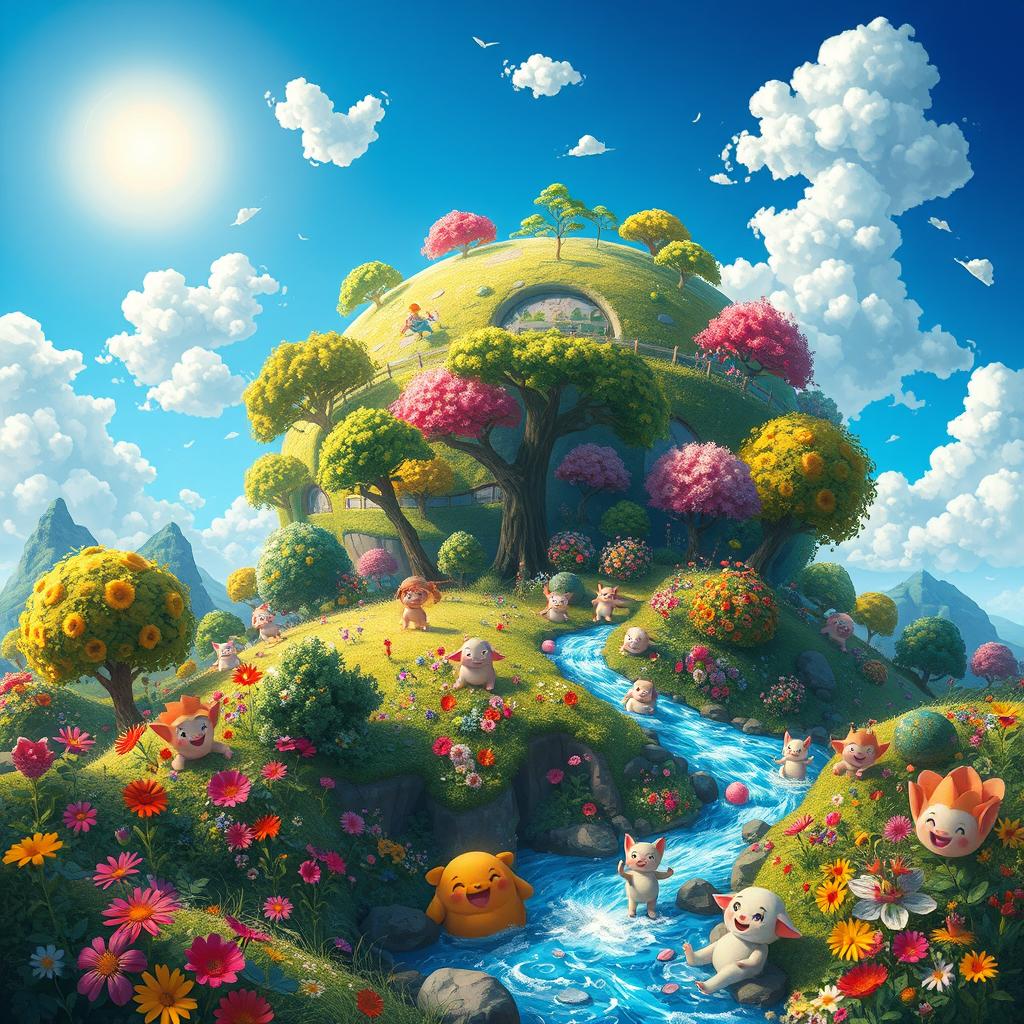 A vibrant and colorful planet filled with lush greenery, towering trees, and beautiful flowers blooming in every hue