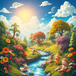 A vibrant and colorful planet filled with lush greenery, towering trees, and beautiful flowers blooming in every hue