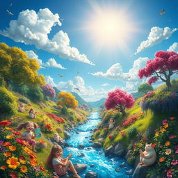 A vibrant and colorful planet filled with lush greenery, towering trees, and beautiful flowers blooming in every hue