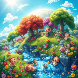 A vibrant and colorful planet filled with lush greenery, towering trees, and beautiful flowers blooming in every hue