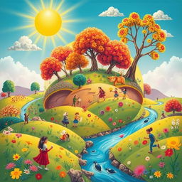 A fantastical planet filled with scenes of positivity and joy, showcasing rolling hills covered in colorful flowers, towering trees with radiant leaves, and a bright sun shining down from a cheerful sky