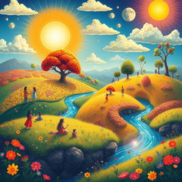 A fantastical planet filled with scenes of positivity and joy, showcasing rolling hills covered in colorful flowers, towering trees with radiant leaves, and a bright sun shining down from a cheerful sky