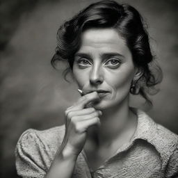 Transform the portrait, replacing the man with a compelling image of a young woman. Her hand delicately holding a cigarette, the depth of her eyes keeping the same distinguished, intense, award-winning emotion.